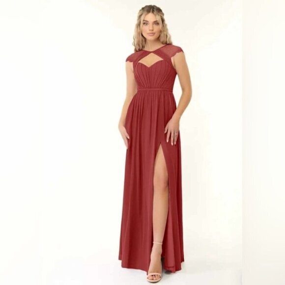 Azazie - Women's Cicely Rust Flowy Lace Chiffon bridesmaids Dress-Rust. Size:A10 - Picture 14 of 16